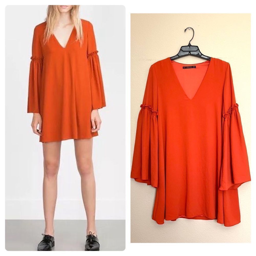 Zara Trafaluc Burnt Orange Bell Sleeve Dress